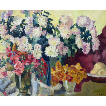 РЕПРОДУКЦИИ НА КАРТИНИ Три вази с цветя, чиния с ябълки (1935)